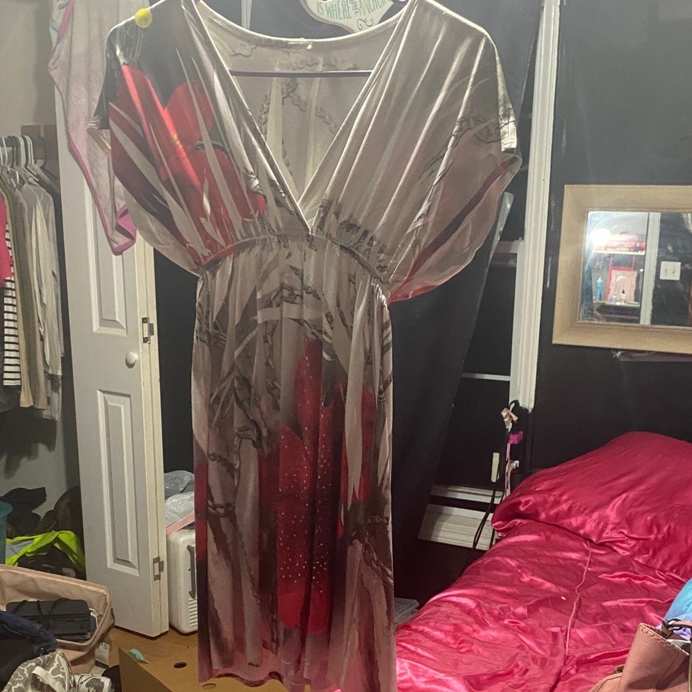 Elegant Metallic Dress with Red Accents